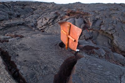 Road sign under 2003 lava flow
